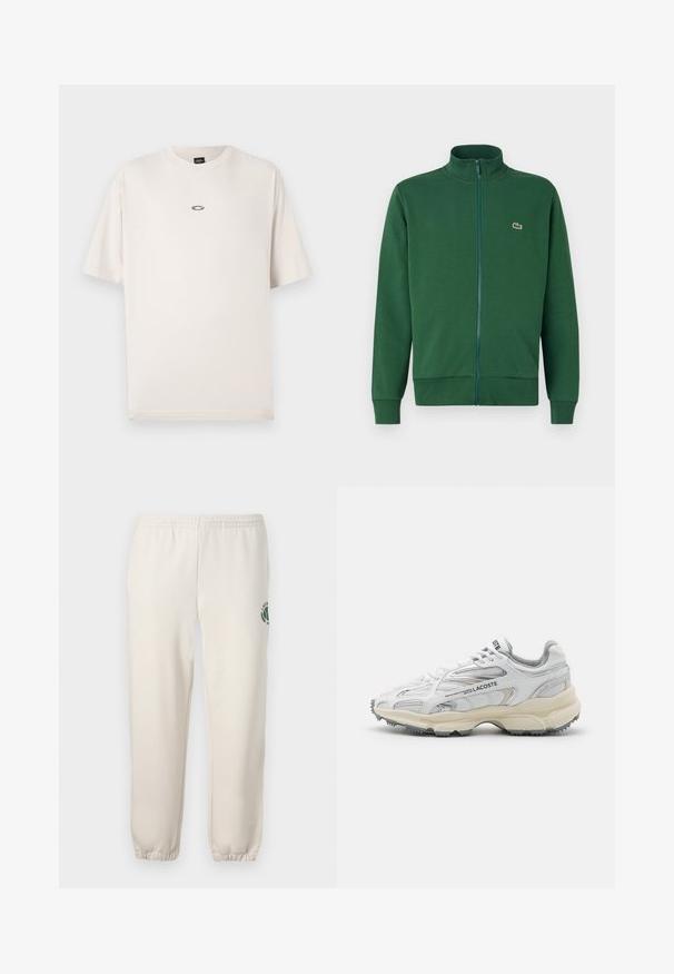 Grüne Reißverschlussjacke aus weichem Stoff, mit hohem Kragen und gerippten Bündchen. Lacoste-Logo auf der linken Brustseite.; Oakley RISE TEE - T-Shirt basic - mist; Helle beige Sweatpants aus Baumwolle mit einem elastischen Bund, gerippten Bündchen und einem grünen Logo mit Blattdesign am linken Bein.; Weiße Sportschuhe mit grauen Akzenten, Obermaterial aus Mesh und Synthetik, Schnürdesign und rutschfester Gummisohle mit Strukturmustern.
