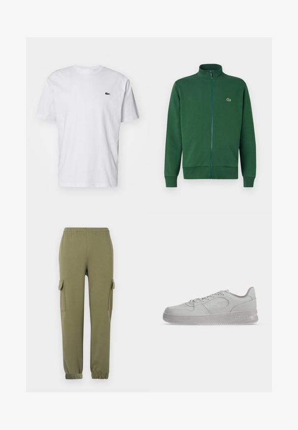 Veste zippée verte en tissu doux, avec un col montant et des poignets côtelés. Logo Lacoste affiché sur la partie gauche de la poitrine.; T-shirt en coton blanc avec col rond, manches courtes et un petit logo brodé vert sur la poitrine. Design classique à coupe droite.; Pantalons cargo en tissu léger vert olive, dotés de poches latérales, d'une taille élastique et de poignets fuselés pour un ajustement parfait.; Baskets basses blanches Lacoste avec lacets, logo embossé sur le côté et semelle texturée sur fond uni.