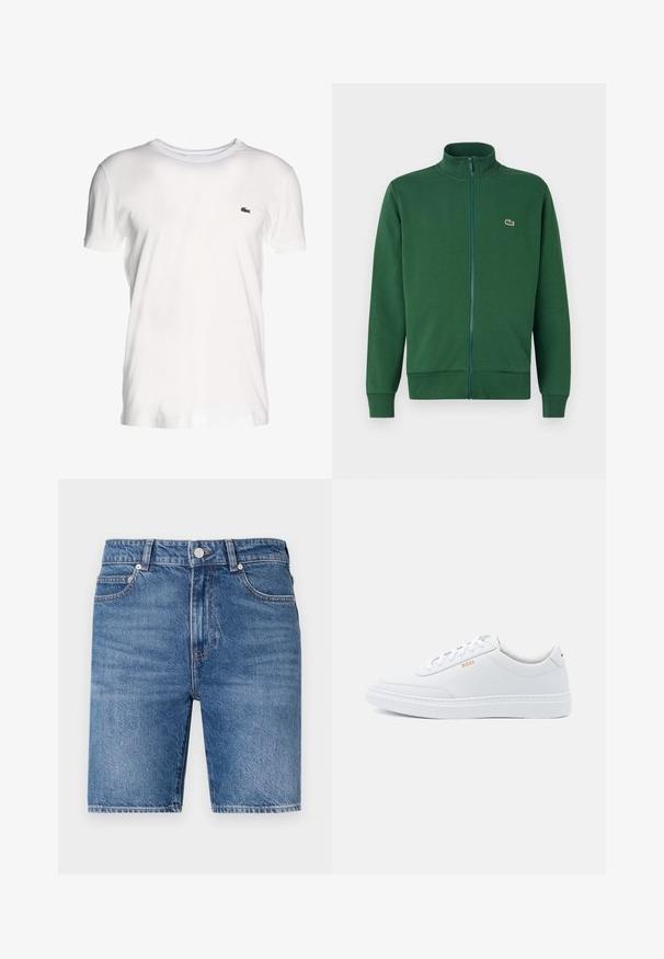 Roheline tõmblukuga jakker, mis on valmistatud pehmest kangast, kõrge krae ja soonikkoes varrukateotsadega. Lacoste logo on nähtav vasakul rindkere piirkonnas.; Valge lühikeste varrukatega puuvillane t-särk, millel on ümar kaelus ja vasakul pool väike roheline tikandiga logo.; Keskmise sinise tooniga teksaseansid, sirge lõikega, viie tasku disainiga ning ülaosa nööpkinnitusega. Omab kontrastset õmblust.; Valged nahast tennisekad, millel on sile tekstuur, ümar varvas ja toon-toonis õmblused. Kootud sinised paelad ja kuldne logo küljel.