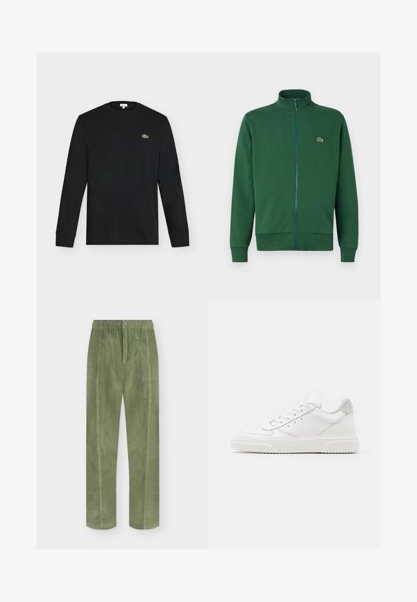 Roheline tõmblukuga jakker, mis on valmistatud pehmest kangast, kõrge krae ja soonikkoes varrukateotsadega. Lacoste logo on nähtav vasakul rindkere piirkonnas.; Must pika varrukaga ümar kaelusega särk, mille vasakul rinnal on väike roheline krokodillilogo, kuvatud ühevärvilise heleda tausta ees.; Olive roheline sametpüksid elastse vöökohaga, eesmine nupp ja vertikaalsed õmbluselemendid ühevärvilisel taustal.; Valged nahast spordijalatsid siledast nahast viimistlusega, ümarate varvastega, lamekestega ja tekstuuriga tallaga. Hall suede aktsent kanna juures.