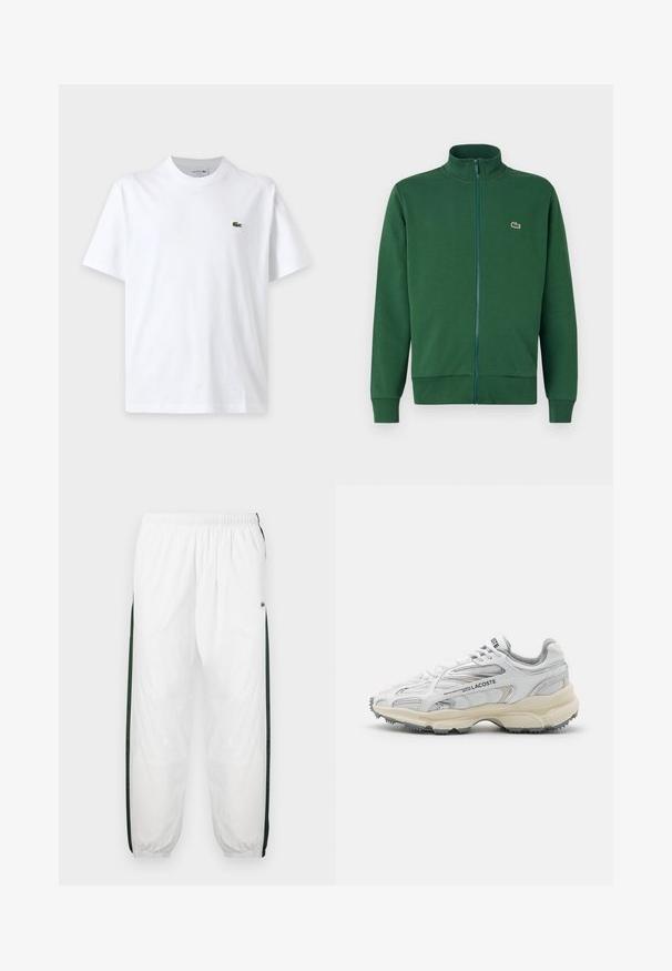 Veste zippée verte en tissu doux, avec un col montant et des poignets côtelés. Logo Lacoste affiché sur la partie gauche de la poitrine.; T-shirt blanc uni à manches courtes avec col rond et petit logo crocodile vert sur la poitrine gauche.; Pantalons de sport blancs avec des panneaux latéraux vert foncé. Tissu léger, taille élastique et ourlets côtelés. Présente une texture en maille sur les panneaux latéraux.; Baskets de sport blanches avec des accents gris, tige en maille et synthétique, design à lacets et semelle en caoutchouc texturée avec motifs de traction.