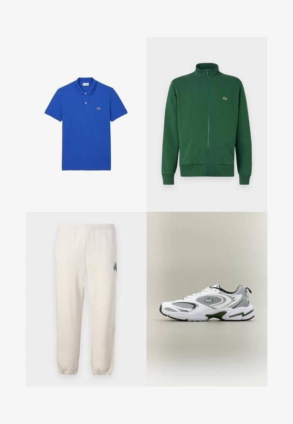 Groene zip-up jack van zacht materiaal, met een hoge kraag en ribgebreide manchetten. Lacoste-logo weergegeven op de linkerborst.; Blauwe poloshirt van katoen, met een klassieke kraag, een placket met twee knopen en een groen krokodillenlogo op de linkerkant van de borst.; Lichtbeige sweatpants van katoen, met een elastische tailleband, geribde boorden en een groen logo met een bladerenontwerp op het linkerpand.; Witte en grijze sportieve hardloopschoen met meshpanelen, groene accenten, zwarte details en een logo aan de zijkant, getoond vanaf de buitenkant.