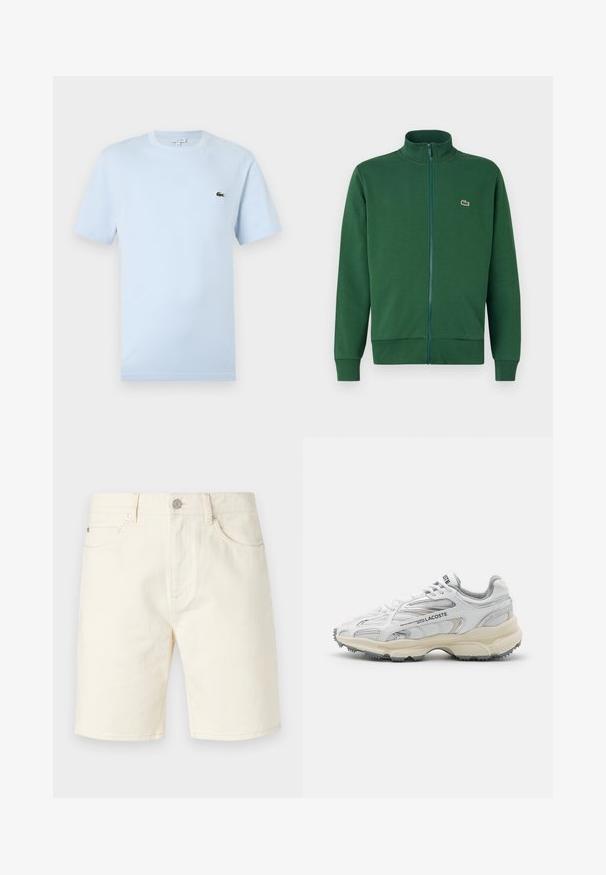 Zelená zipová bunda vyrobená z mäkkej tkaniny, s vysokým golierom a rebrovanými manžetami. Logo Lacoste zobrazené na ľavej strane hrudníka.; Svetlomodré tričko s krátkym rukávom vyrobené z jemnej bavlnenej látky. Na hrudi sa nachádza malý zelený výšivkový logo krokodíla.; Svetlo béžové denimmové šortky s klasickým strihom, obsahujúce predné vrecká, pútka na opasok a zapínanie na gombík. Hladká textúra s jednofarebným dizajnom.; Biele športové topánky s šedými akcentmi, sieťovinovou a syntetickou vrchnou časťou, viazanie na šnúrky a texturovanou gumovou podrážkou s protišmykovými vzormi.