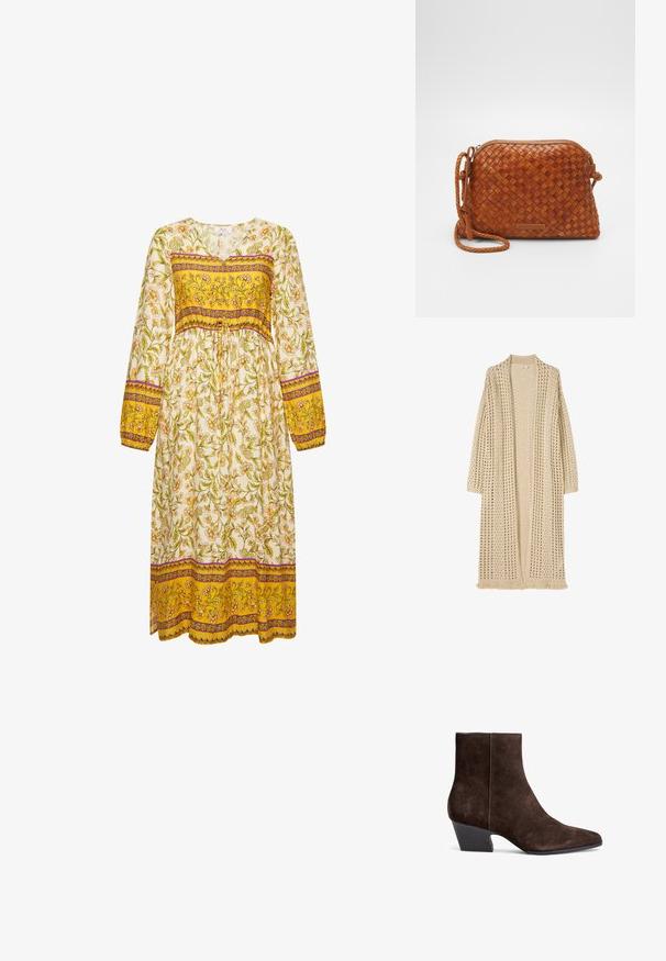 Lang beige åben-front cardigan med løs strikkemønster, lange ærmer og frynser forneden.; Langærmet kjole med blomstermotiv, der har en hvid base og gule og lilla stribede detaljer ved taljen og ærmerne, samt en snor til at binde.; Brune ruskind ankelstøvler med spidse tæer, mellemhøj blokhælt og minimal syning for et elegant udseende.; Brun vævet læder crossover taske med lynlåslukning, rund form og en flettet skulderrem. Har en lille, rektangulær logoplade.