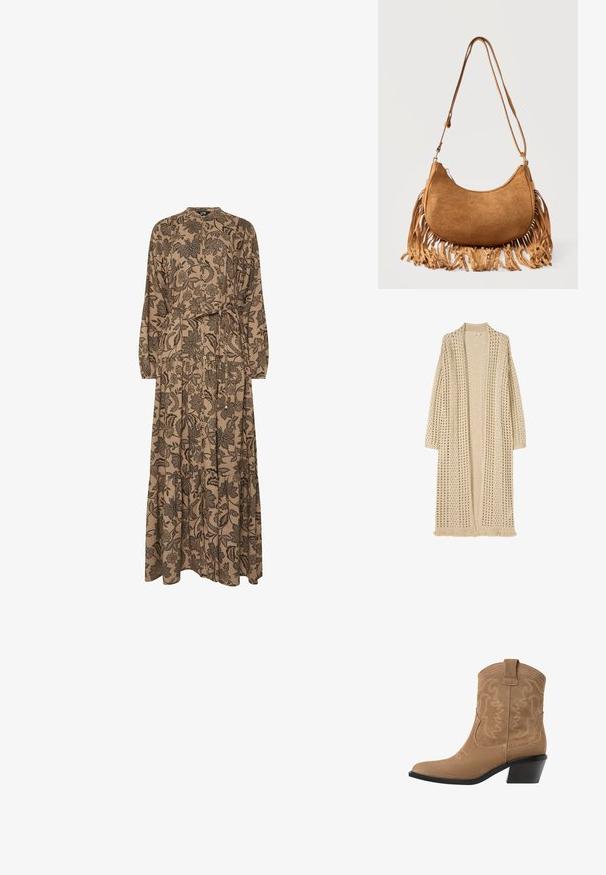 Long cardigan beige à ouverture devant, motif tricoté ample, manches longues et détail de franges à l'ourlet.; Robe longue beige avec imprimé floral noir, manches longues, fermeture boutonnée à l'avant et ceinture nouée à la taille.; Bottines western en daim marron avec un bout pointu, un design brodé et un petit talon noir empilé. Comprend des tirettes pour un enfilage facile.; Sac d'épaule en daim marron en forme de croissant avec une longue bandoulière et des franges le long des bords inférieurs sur fond blanc.
