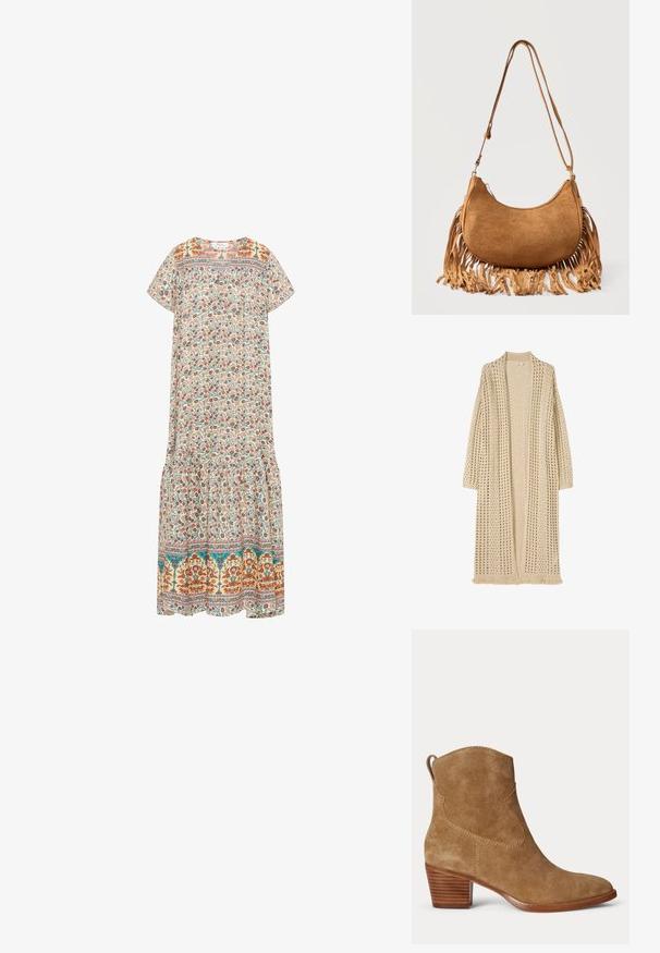 Langer beiger Cardigan mit offenem Vorderteil, lockerem Strickmuster, langen Ärmeln und Fransen am Saum.; Maxikleid mit floralen Mustern auf cremefarbenem Hintergrund, bunten Blumenmustern, kurzen Ärmeln, rundem Ausschnitt und einem rüschierten Saum.; Brauner Wildleder-Stiefeletten mit niedrigem gestapeltem Holzabsatz und Zuglasche hinten auf schlichtem hellem Hintergrund.; Braune, halbmondförmige Schultertasche aus Wildleder mit langem Riemen und Fransen entlang der unteren Kanten vor weißem Hintergrund.