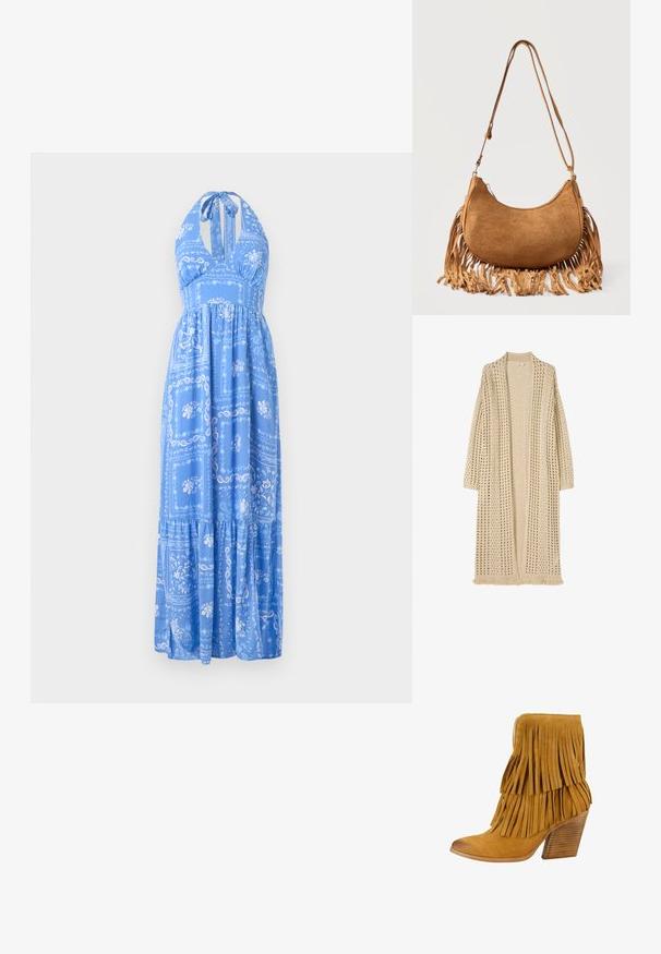 Cárdigan largo beige con abertura frontal, patrón de punto suelto, mangas largas y detalle de flecos en el dobladillo.; Vestido maxi azul con cuello halter, que presenta patrones florales y de paisley, falda con volantes y un corte holgado. Tela suave con una textura ligera.; Felmini Botines - sand; Bolso de hombro marrón de ante con forma de media luna, con correa larga y detalles de flecos a lo largo de los bordes inferiores sobre un fondo blanco.