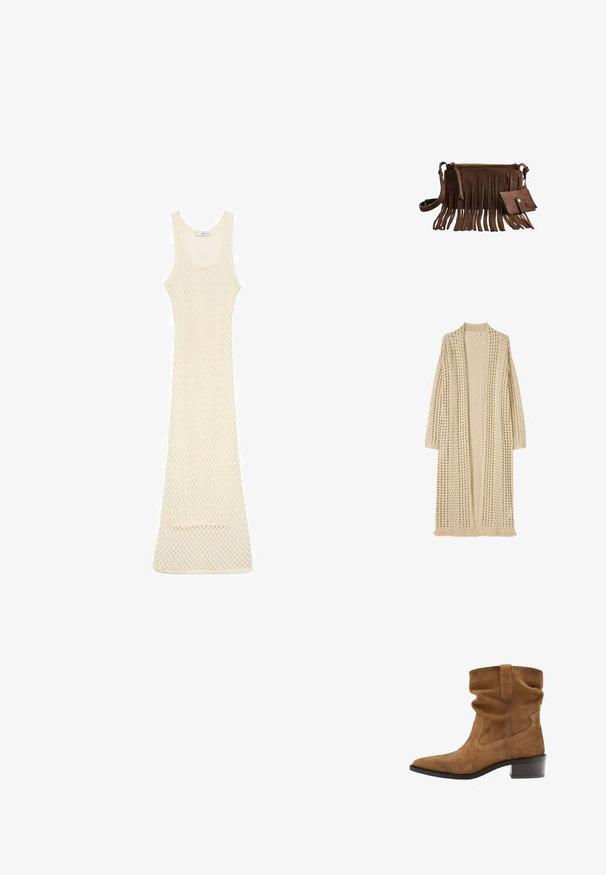 Lang beige åben-front cardigan med løs strikkemønster, lange ærmer og frynser forneden.; Strikkjole i lys beige med en tætsiddende pasform, der har en scoop halsudskæring og åben mesh-mønster over det hele, som når til midt på læggen.; Brun ruskind midt på læggen støvle med slasket overdel, spids tå, trække-loop og stablet lav hæl på hvid baggrund.; Brun ruskind crossbody taske med lange frynser og en matchende lille pung, begge med guldfarvet hardware.