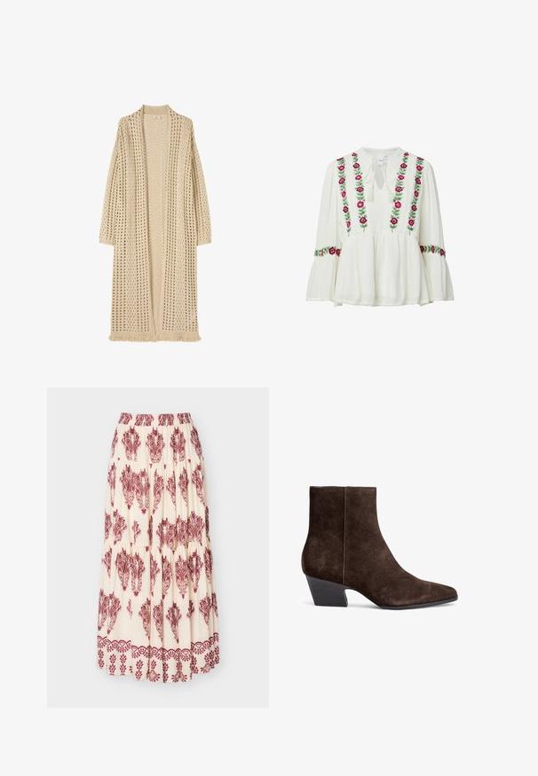 Long cardigan beige à ouverture devant, motif tricoté ample, manches longues et détail de franges à l'ourlet.; Blouse blanche à manches longues avec broderie florale rose et violette sur le devant et les manches, dotée d'un col en trou de serrure avec lien et de poignets évasés.; Jupe maxi crème avec imprimés bordure paisley bordeaux et floral, avec volants froncés et taille élastique.; Bottines en suede marron avec un bout pointu, un talon bloc moyen et un minimum de couture pour une apparence épurée.