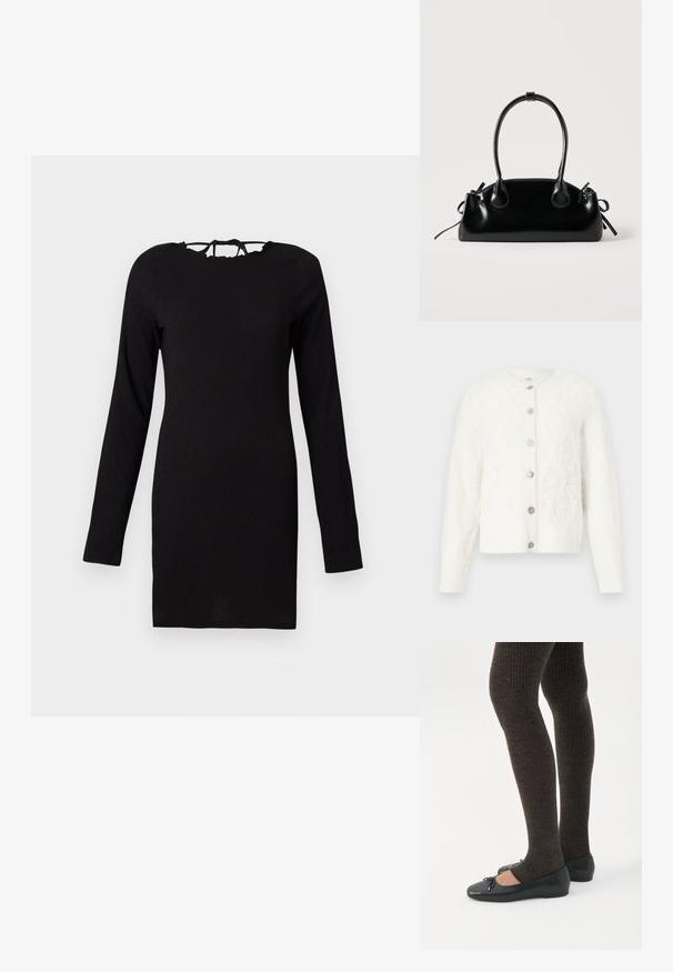 Hvid fuzzy strikcardigan med lange ærmer, diamantmønster og seks dekorative sølvknapper ned foran.; Sort langærmet kjole med struktureret stof, tætsiddende form og snørelukning ved halsen. Enkelt og alsidigt design.; Ben iført mørke ribbede leggings kombineret med sorte balletsko med små sløjfedetaljer på hvid baggrund.; Lille sort blank håndtaske med to lange håndtag og snøre-detaljer i siden på en ensfarvet lys baggrund.