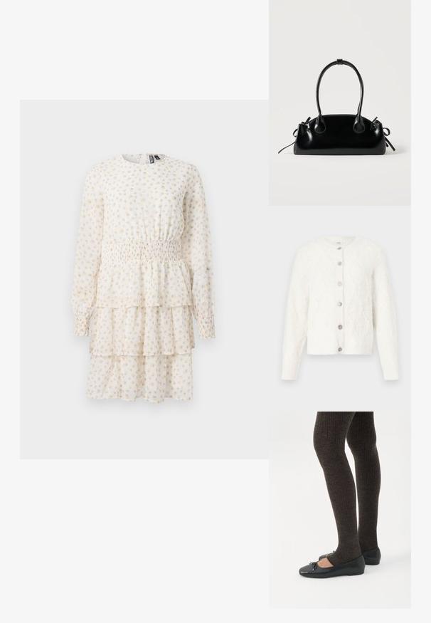 Hvid fuzzy strikcardigan med lange ærmer, diamantmønster og seks dekorative sølvknapper ned foran.; Lagdelt kjole i lys creme med små beige blomster mønstre. Har lange ærmer og en smocket talje for en tætsiddende form.; Ben iført mørke ribbede leggings kombineret med sorte balletsko med små sløjfedetaljer på hvid baggrund.; Lille sort blank håndtaske med to lange håndtag og snøre-detaljer i siden på en ensfarvet lys baggrund.