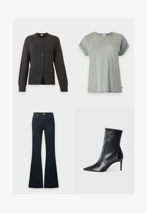 Cardigan en maille gris foncé avec manches longues, col rond et cinq boutons sur le devant, présenté sur un fond clair.; T-shirt en coton gris clair à manches courtes avec revers aux manches et col rond, présenté à plat sur fond blanc.; Jean en denim noir évasé avec une taille haute, cinq poches et une fermeture à bouton métallique. Texture lisse et détails de couture contrastés.; Bottes noires à la cheville en cuir lisse, dotées d'un bout pointu, d'un tige ajustée et d'un talon haut fin. Design minimaliste sans quincaillerie visible.