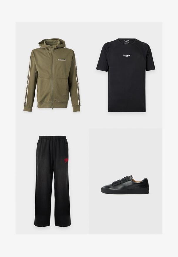 Roheline lukuga kapuutsiga dressipluus, millel on rinnal ja varrukatel EA7 Emporio Armani kaubamärk, eksponeeritud ühevärvilisel heledal taustal.; Must have lühikeste käistega must T-särk, mis on valmistatud siledast kangast, laeva kaelusega ja rinnal valge "SILENCE" logo.; Mustad mustad püksid elastselt vöökoht ja küljetaskud. Paremal reitel on punane "Billionaire Boys Club" logo. Pehme, sujuv tekstuur.; Musthave nahkast kingad sujuva tekstuuriga, ümara toe jastringsidega sulgemisega. Omab paksu kummist tallat ja minimaalset brändi detaili.