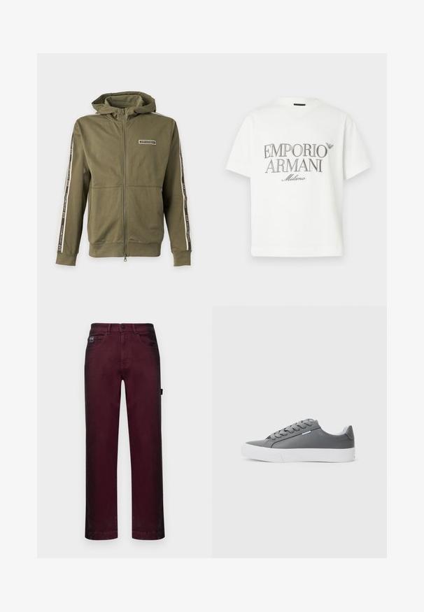 Grüner Kapuzen-Sweatshirt mit Reißverschluss und EA7 Emporio Armani Schriftzug auf der Brust und Streifen an den Ärmeln, dargestellt auf schlichtem hellem Hintergrund.; Weißes Baumwoll-T-Shirt mit einem großen grauen "Emporio Armani Milano"-Logo auf der Vorderseite und einem kleinen Logo oben links.; Burgunderfarbene Denim-Hosen mit geradem Schnitt, fünf Taschen, Metallknopfverschluss und Gürtelschlaufen für eine verstellbare Passform.; Grauer Sneaker mit einem glatten, synthetischen Obermaterial, runder Spitze, weißer Gummisohle und flachen Schnürsenkeln. Mit dezenten Logodetails an der Seite.