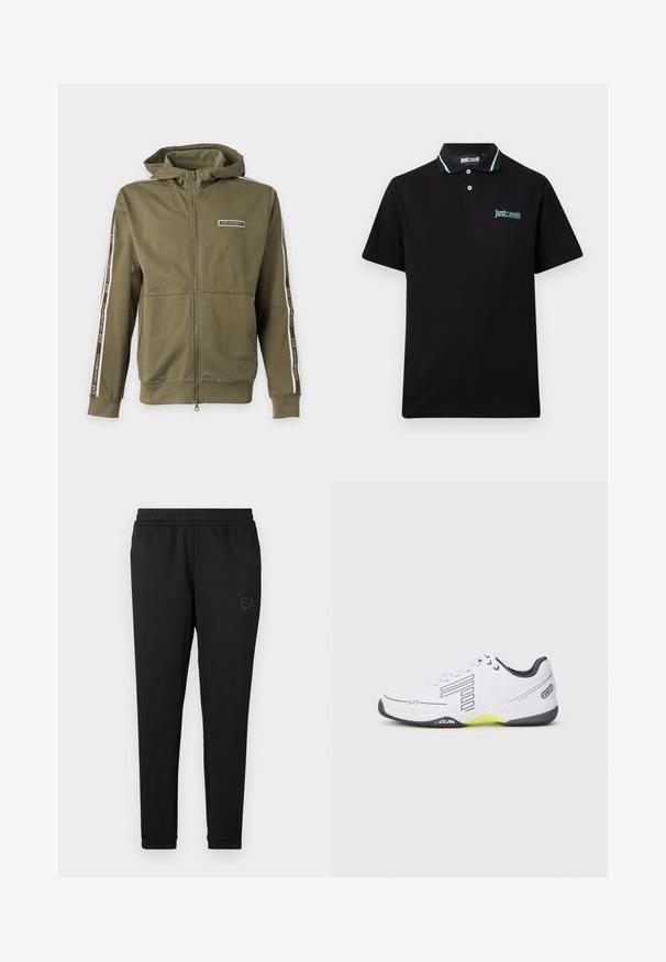 Zelená mikina s kapucňou na zips s potlačou EA7 Emporio Armani na hrudi a pásikmi na rukávoch, zobrazená na jednoduchom svetlom pozadí.; Čierne polo tričko s krátkym rukávom s tyrkysovými akcentmi na golieri a gombíkoch, s logom "Just Cavalli" na hrudi a vo vnútri goliera.; Čierne tepláky vyrobené z mäkkej tkaniny, s elastickým pásom, priliehavými manžetami a malým logom potlačeným na boku.; Biele športové tenisky s čiernymi akcentmi a sivými detailmi. Majú textúrovaný zvršok, šnúrky a jasne žltý segment na podrážke.