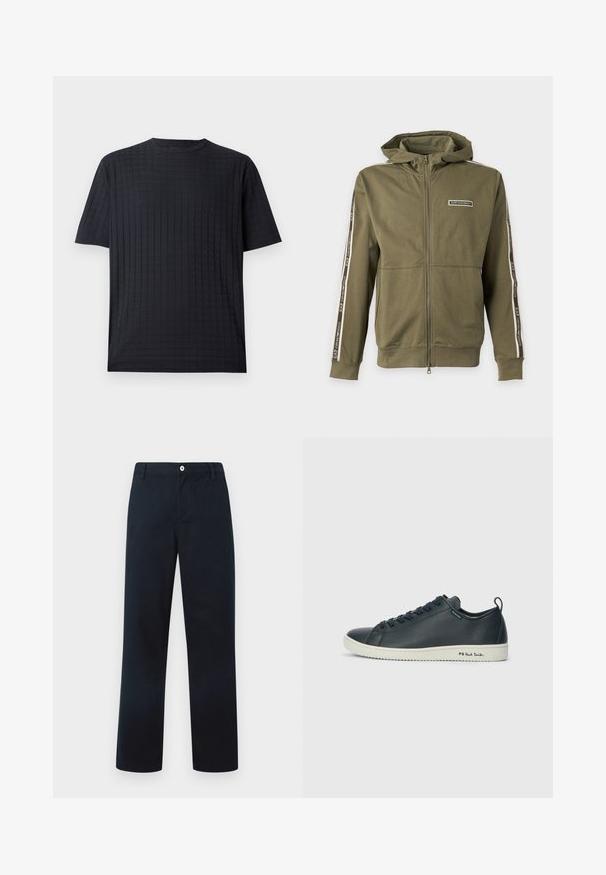 Zelená mikina s kapucňou na zips s potlačou EA7 Emporio Armani na hrudi a pásikmi na rukávoch, zobrazená na jednoduchom svetlom pozadí.; Čierne tričko s krátkym rukávom, ktoré má textúrovaný mriežkový vzor, okrúhly výstrih a voľný strih. Vyrobené z jemnej, ľahkej textílie.; Tmavo modré nohavice s rovnými nohavicami, pútky na opasok, predným zapínaním na gombík a bočnými vreckami na bielom pozadí.; Tmavomodré kožené tenisky s hladkým povrchom, zaoblenou špičkou, šiestimi očkami na šnurovanie a kontrastnou bielou gumovou podrážkou. Na strane sa nachádza značka.