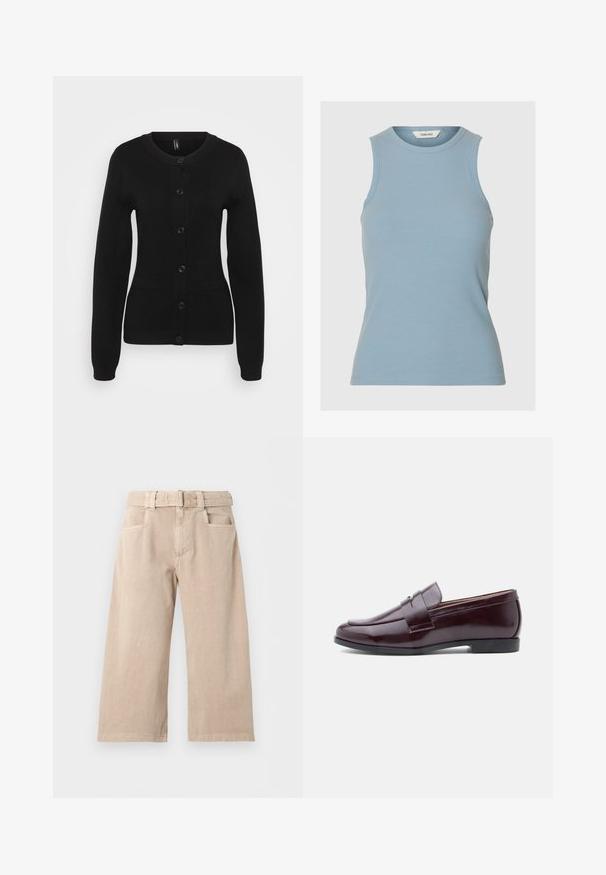 Cardigan noir en tricot. Il présente des manches longues, un col rond, une fermeture à boutons sur le devant et deux poches avant. Texture lisse.; Débardeur côtelé sans manches bleu clair avec encolure ronde, coupe ajustée et étiquette "Selected" à l'intérieur du col.; Pantalon beige à larges jambes avec passants de ceinture, poches latérales et fermeture à boutons sur le devant, présenté sur fond blanc.; Mocassins en cuir bordeaux au design élégant, à bout rond et avec une sangle décorative sur le devant. Semelle plate en caoutchouc.