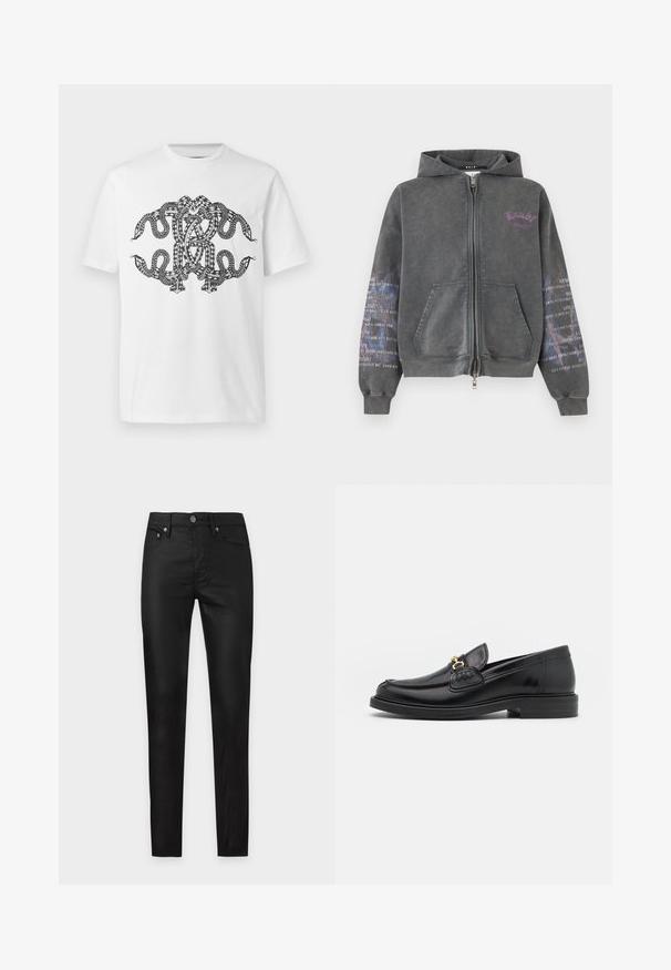 Sweat à capuche zippé gris foncé avec poches avant, logo texte violet sur la poitrine et motif de texte imprimé blanc sur les deux manches.; T-shirt blanc avec un motif noir complexe et symétrique de serpents entrelacés sur le devant.; Pantalon noir slim fit avec bouton à l'avant, fermeture éclair et design cinq poches, présenté sur un fond clair uni.; Mocassins en cuir noir avec un embout rond, présentant des accents en métal doré et des détails de couture, montés sur une semelle en caoutchouc texturé et basse.