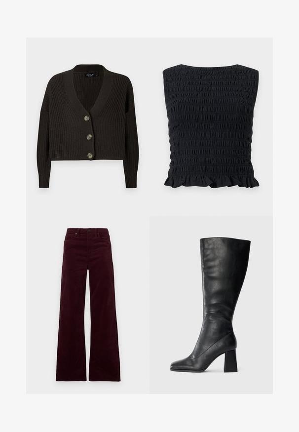 Dunkelbrauner gestrickter Cardigan mit tiefem V-Ausschnitt, langen Ärmeln und vier großen Knopfverschlüssen vorne. Strukturmuster über die gesamte Fläche.; Schwarzes trägerloses, gerafftes Tube-Top mit gerafftem Saum, durchgehend mit horizontalen, gesammelten Nähten texturiert.; Bordeauxrote Cordhose mit weitem Bein und hoher Taille, ausgestattet mit einem Reißverschluss, Knopfverschluss und Seitentaschen. Glatte Textur mit vertikalen Rippen.; Schwarzer kniehoher Stiefel aus glattem Leder mit quadratischer Schuhspitze und klobigem Blockabsatz. Einfaches Design ohne Verzierungen.