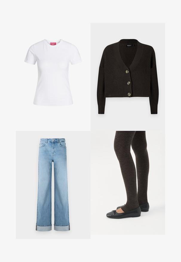 Mørkebrun strikket cardigan med dyb V-hals, lange ærmer og fire store knaplukninger foran. Struktureret mønster hele vejen igennem.; Hvid slimfit t-shirt med korte ærmer og rund halsudskæring med en lyserød JJXX-label indeni kraven, vist mod en ensfarvet baggrund.; Lyseblå, vide jeans i klassisk denim med høj talje, prydet med opbrettede kanter og synlig søm.; Ben iført mørke ribbede leggings kombineret med sorte balletsko med små sløjfedetaljer på hvid baggrund.