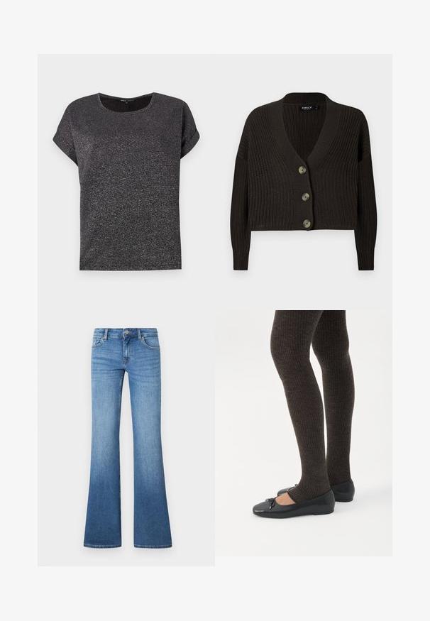 Cardigan tricoté marron foncé avec un décolleté en V profond, des manches longues et quatre grands boutons sur le devant. Motif texturé sur l'ensemble.; T-shirt noir à manches courtes avec un col rond, doté d'un tissu texturé avec une subtile brillance. Coupe décontractée avec des manches retroussées.; Jean flare bleu clair en denim. Comprend un design à cinq poches, une fermeture par bouton métallique et un léger délavage près des genoux.; Jambes portant des leggings côtelés foncés associés à des ballerines noires avec de petits détails en nœud sur fond blanc.