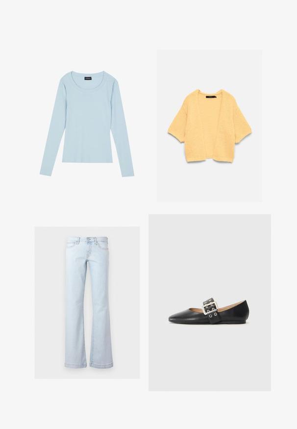 Cardigan court jaune en tricot avec devant ouvert et manches trois-quarts, posé à plat sur fond blanc.; Haut à manches longues bleu clair, en ribbed, avec un col rond et une coupe ajustée. Texture douce avec un motif subtil courant verticalement.; Jean en denim bleu clair taille haute avec poches avant, fermeture par boutons et jambes évasées larges.; Chaussure plate en cuir noir avec un bout pointu et une bride décorative à boucle équipée de ferrures argentées et de petites découpes.