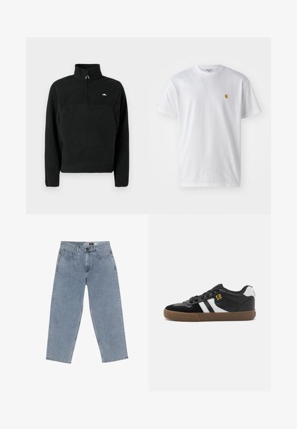 Pull-over en polaire noire avec un col montant et une fermeture à glissière d'un quart. Présente un logo sur la poitrine et des poignets côtelés aux manches.; T-shirt en coton blanc à manches courtes, col rond, avec un petit logo doré sur la poitrine gauche. Texture douce et coupe régulière.; Jean large en denim bleu clair avec fermeture à bouton, cinq poches et jambes droites. Texture douce, décoloration minimale et couture soignée.; Baskets noir et blanc avec une tige en daim et en cuir, présentant des rayures blanches, des lacets noirs et une semelle en caoutchouc marron. Accents de logo dorés.