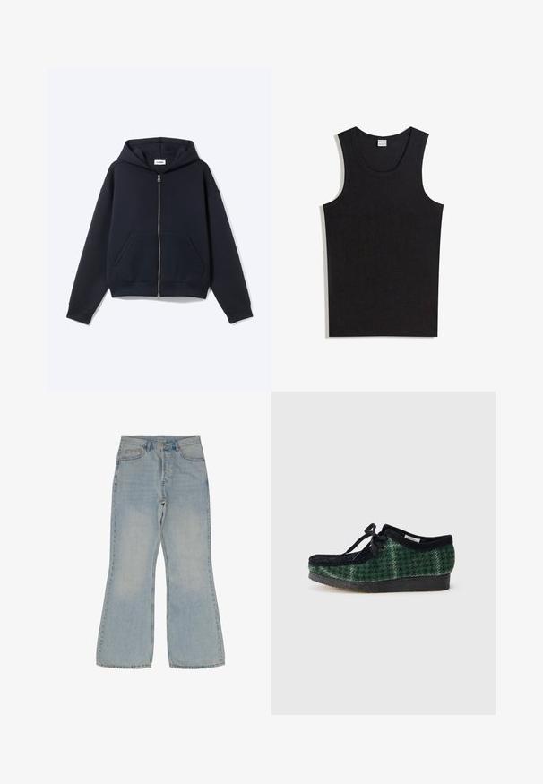 Marineblå hættetrøje med fuld lynlås, lange ærmer, forlommer og hætte, vist på en ensfarvet lys baggrund.; Sort tanktop lavet af bomuld med rund halsudskæring og ærmeløs design. Glat tekstur uden synlige mønstre eller accenter.; Lyseblå, bredde jeans lavet af denim. Har fem lommer, en knaplukning og kontrastsying langs sømmene.; Grønne og sorte mønstrede sko med en overdel i ruskind, der har en rund tå, snørebånd og en tekstureret gummisål.
