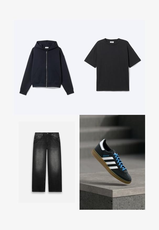 Marineblå hættetrøje med fuld lynlås, lange ærmer, forlommer og hætte, vist på en ensfarvet lys baggrund.; Sort T-shirt med korte ærmer og rund hals med afslappet pasform, forfra, ensfarvet design og synligt Weekday-mærke inde i kraven.; Sorte denim jeans med bred bendesign. Har fem lommer, let falmning og solid syning. Knaphul- og lynlås-lukning.; Sort Adidas sneaker med hvide striber, blå snørebånd og gummisål, der svæver over gråt betontrin i blødt lys.