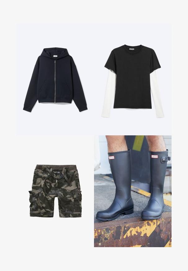 Μπλε σκούρο hoodie με φερμουάρ σε όλο το μήκος, μακριά μανίκια, τσέπες μπροστά και κουκούλα, σε απλό ανοιχτό φόντο.; Μαύρο κοντομάνικο T-shirt φορεμένο πάνω από λευκό μακρυμάνικο πουκάμισο, σε επίπεδη διάταξη πάνω σε ανοιχτογκρι φόντο με την ετικέτα WEEKDAY ορατή στο εσωτερικό του γιακά.; Βερμούδα καμουφλάζ σε σκούρο πράσινο και γκρι. Διαθέτει πολλαπλές τσέπες, φερμουάρ και ελαστική μέση με κορδόνια. Ανθεκτικό ύφασμα.; Άτομο που φοράει μαύρες βροχοτσέπες Hunter στέκεται σε σκουριασμένη μεταλλική άκρη με κίτρινες και μαύρες προειδοποιητικές σημαίες.