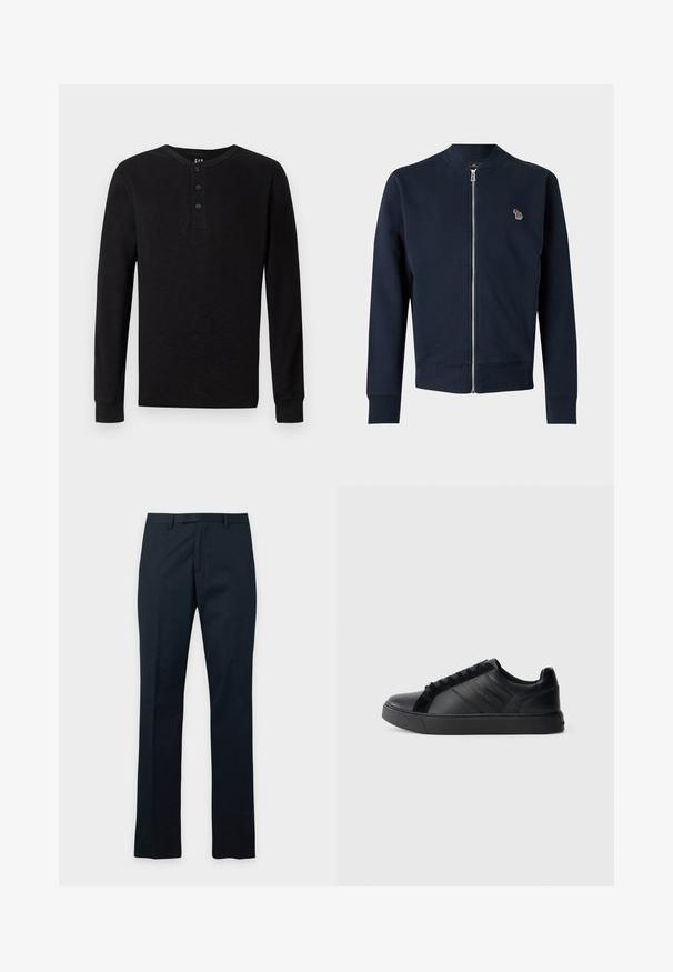 Marineblauwe jas met ritssluiting, lange mouwen, geribde manchetten en kraag, en een klein meerkleurig geborduurd dierenlogo op de borst.; Zwarte langelijf henley-shirt met een drieknoopsluiting bij de hals, zachte textuur en geribbelde manchetten, met een klassieke pasvorm en minimalistisch ontwerp.; Donkerblauwe rechte pantalon met riemlussen en een verborgen voorrits, weergegeven op een witte achtergrond.; Zwarte leren sneakers met een gladde afwerking, geprofileerde zijkanten, ronde neus, platte zool en logo-detail op de zijkant. Bevat klassieke vetersluiting.