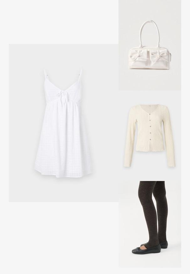 Cárdigan de manga larga color marfil con un patrón de punto texturizado, que presenta un escote en V y cinco botones metálicos en la parte delantera. Bajo con borde festoneado.; Vestido blanco sin mangas con tirantes finos, que presenta un lazo en la parte delantera, un corsé holgado y un patrón de gingham texturizado.; Piernas con leggings oscuros acanalados combinados con bailarinas negras que presentan pequeños detalles de lazo sobre un fondo blanco.; Bolso sintético blanco con dos bolsillos delanteros, cada uno con un detalle de lazo atado. Textura suave, asas redondeadas y cierre de cremallera.
