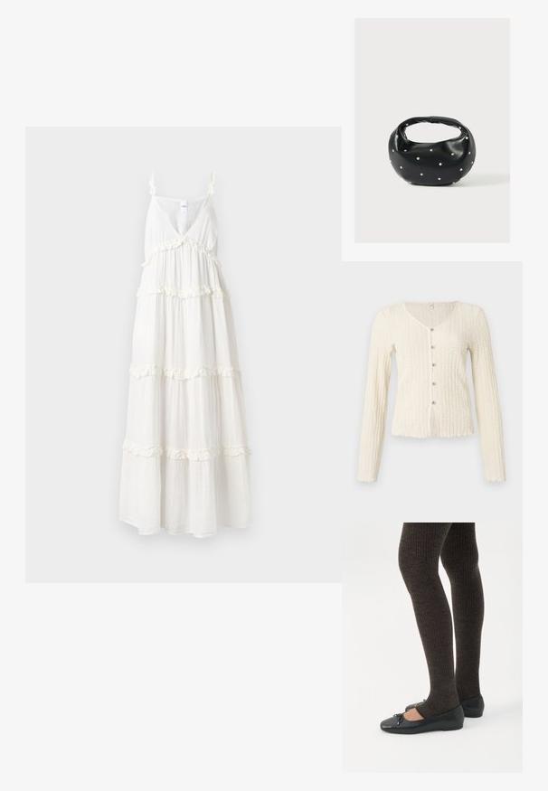 Cárdigan de manga larga color marfil con un patrón de punto texturizado, que presenta un escote en V y cinco botones metálicos en la parte delantera. Bajo con borde festoneado.; Vestido maxi blanco con un escote en V profundo, tirantes finos y volantes en capas a lo largo del dobladillo. Hecho de una tela ligera y fluida para mayor comodidad.; Piernas con leggings oscuros acanalados combinados con bailarinas negras que presentan pequeños detalles de lazo sobre un fondo blanco.; Bolso de mano de cuero negro con forma redondeada, decorado con detalles de tachuelas plateadas y un asa corta. Textura lisa y cierre con cremallera.