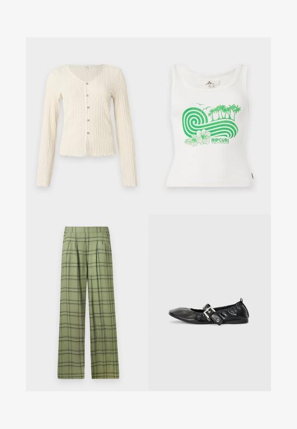 Cardigan à manches longues couleur ivoire avec un motif tricoté texturé, doté d'un col en V et de cinq boutons métalliques sur le devant. Ourlet festonné.; Débardeur blanc côtelé avec un graphique vert de palmiers, vagues, fleurs d'hibiscus, oiseaux et le texte "RIP CURL" sur le devant.; Pantalons évasés verts avec un motif à carreaux noirs, une taille haute, des plis sur le devant et des poches latérales.; Chaussure plate en cuir noir avec un nez pointu, des détails froncés autour de l'ouverture et un accent en boucle argentée sur la bride ajustable.