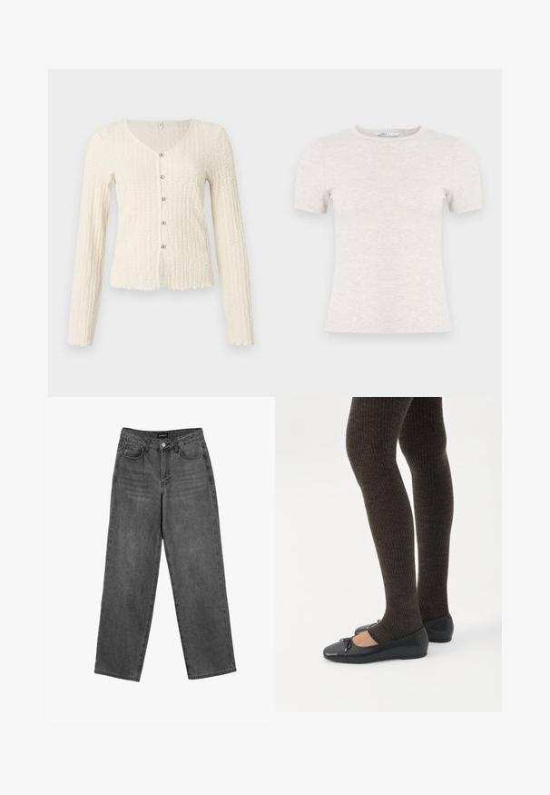 Ivoorkleurige cardigan met lange mouwen en een textuurgebreid patroon, voorzien van een V-hals en vijf metalen knopen aan de voorkant. Golvende zoom.; Lichtgrijs T-shirt met korte mouwen, gemaakt van geribbelde stof met een ronde hals. Eenvoudig ontwerp, gladde textuur, geen zichtbare patronen of accenten.; Zwarte high-waisted straight-leg jeans met een knoop aan de voorkant en zakken, weergegeven op een witte achtergrond.; Benen met donkere geribbelde leggings gecombineerd met zwarte ballerina's met kleine strikdetails op een witte achtergrond.