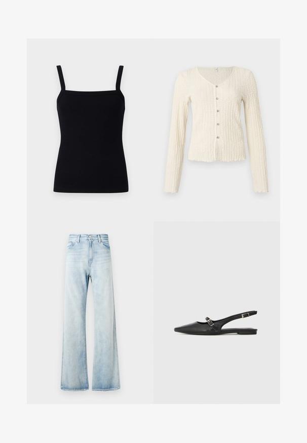 Elfenbensfarvet cardigan med lange ærmer og et tekstureret strikkemønster, der har en v-udskæring og fem metalknapper ned foran. Flosset kant.; Sort ribbet tanktop med justerbare stropper, firkantet udskæring og et tætsiddende design, der krammer kroppen, lavet af et strækbart stof.; Lyseblå denim flare jeans med høj talje, forlommer og knaplukning. Falmet finish med en glat tekstur og opsvingskanter.; Sorte læder slingback-sko med spids tå, med en smal rem og en sølvspænde-detalje på siden. Flad sål.