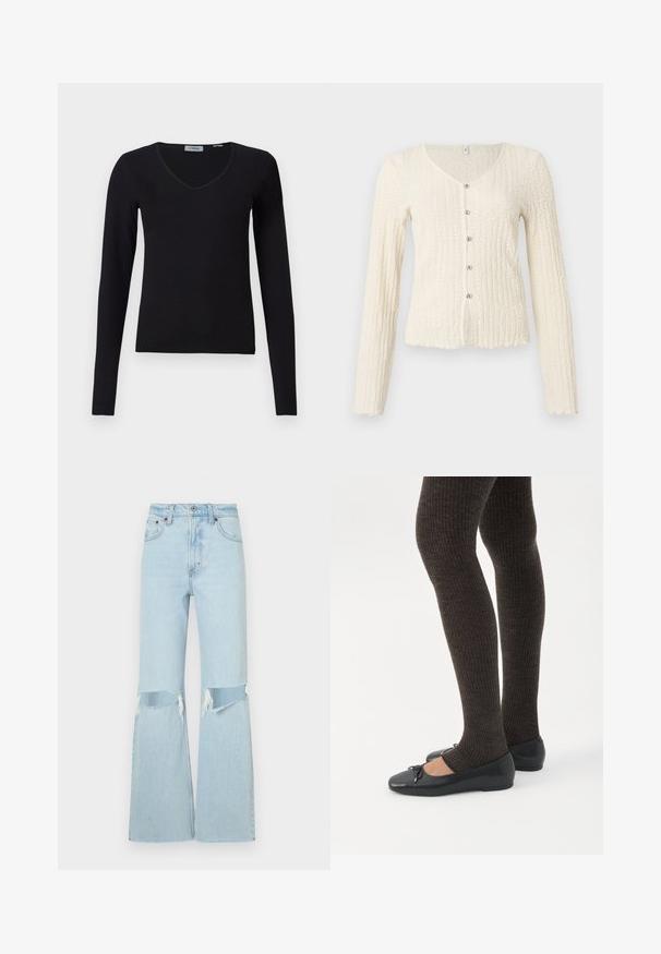Elfenbensfarvet cardigan med lange ærmer og et tekstureret strikkemønster, der har en v-udskæring og fem metalknapper ned foran. Flosset kant.; Sort langærmet V-hals sweater præsenteret på en hvid baggrund, med ribbet tekstur og et enkelt, afslappet design.; Lysblå denim flared jeans med slidte knædetaljer, der har høj talje og rå kant. Forstærket syning og klassisk fem-lomme stil.; Ben iført mørke ribbede leggings kombineret med sorte balletsko med små sløjfedetaljer på hvid baggrund.