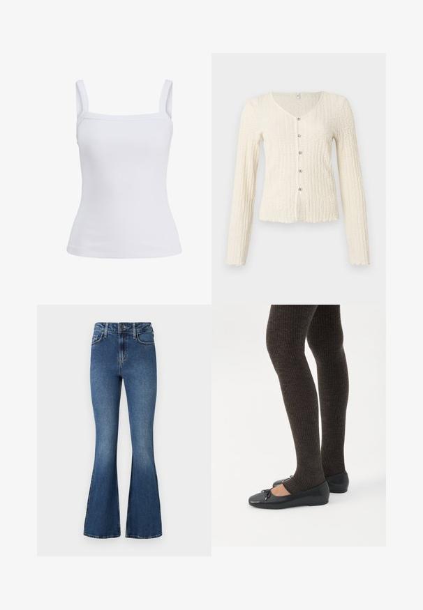Cárdigan de manga larga color marfil con un patrón de punto texturizado, que presenta un escote en V y cinco botones metálicos en la parte delantera. Bajo con borde festoneado.; Camiseta sin mangas blanca con textura acanalada, tirantes anchos y escote recto, mostrada sobre un fondo liso.; Vaqueros acampanados azules con cintura alta, con un diseño estándar de cinco bolsillos y cierre de botón. Textura suave con detalles de desvanecimiento ligero.; Piernas con leggings oscuros acanalados combinados con bailarinas negras que presentan pequeños detalles de lazo sobre un fondo blanco.