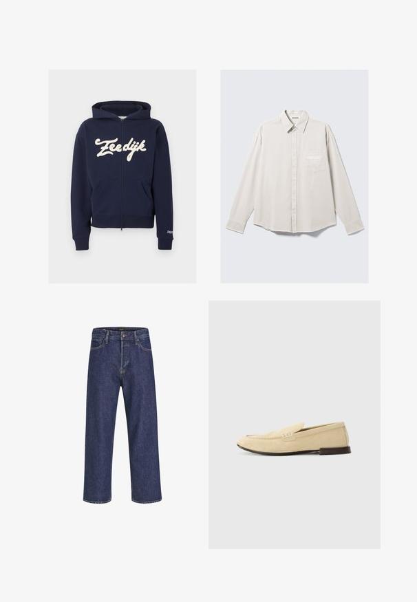 Marineblauer Kapuzenpullover mit Reißverschluss, Vordertaschen, gerippten Bündchen und Saum, cremefarbener Schriftzug "Zeedijk" über der Brust und kleinem weißen Text am Bündchen des linken Ärmel.; Hellbeiges langärmliges Hemd mit Knopfleiste, klassischem Kragen, Brusttasche und dezentem weißen Markenlogo auf der Tasche. Glatte Stoffstruktur.; Dunkelblaue Denim-Jeans mit geradem Schnitt, Fünf-Taschen-Design, Metallknopfverschluss und kontrastierenden Nähten, die eine dezente Textur aufweisen.; The Antipode Slipper - cream