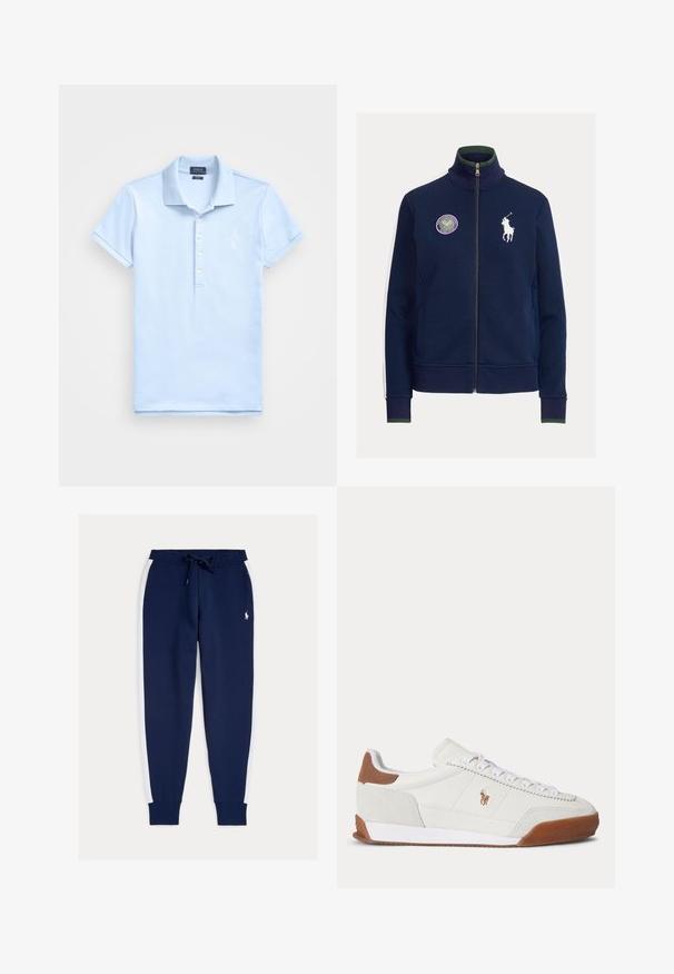 Námornícka bunda na zips s vysokým golierom, bielym vyšívaným logom koňa, fialovou náplasťou Wimbledon a kontrastnými bielymi bočnými pruhmi. Mäkká textúra látky.; Svetlomodrá polokošeľa vyrobená z mäkkého bavlneného materiálu. Obsahuje golier, krátke rukávy, zapínanie na tri gombíky a malé biele logo na hrudi.; Tmavomodré teplákové nohavice s bielymi bočnými pruhmi, elastickým pásom so sťahovacou šnúrkou, manžetami na členkoch a malým logom vpredu. Mäkká textúra látky.; Biela nízka teniska s hnedými semišovými detailmi na päte a špičke, bielymi šnúrkami a malým hnedým vyšívaným logom na boku.