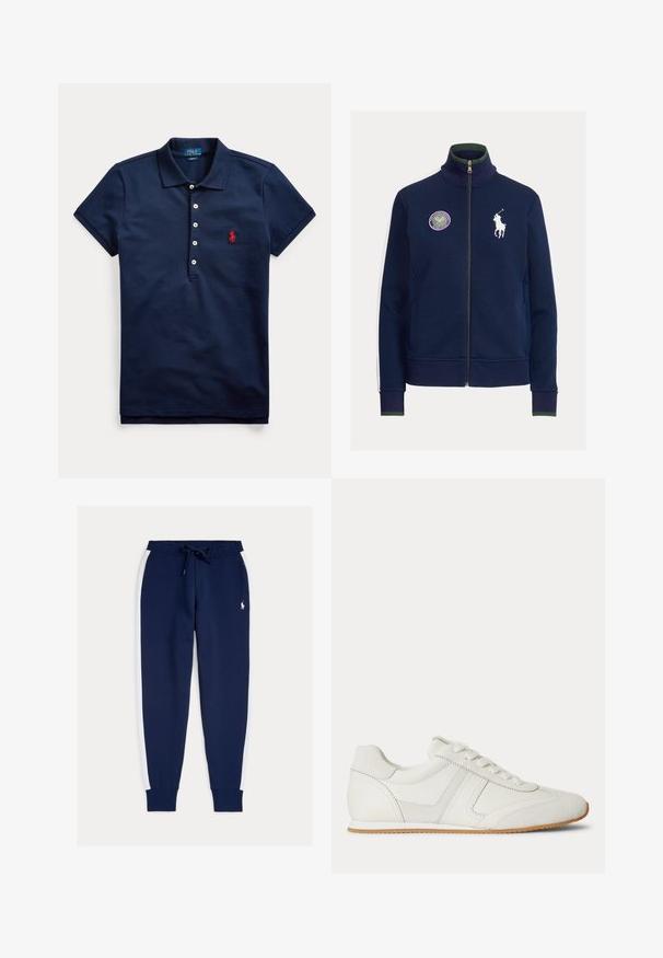 Marineblauwe jas met ritssluiting en hoge kraag, wit geborduurd paardenlogo, paarse Wimbledon-patch en contrasterende witte strepen aan de zijkant. Zachte stoftextuur.; Marineblauw poloshirt met korte mouwen, vier witte knopen en een rood geborduurd logo op de borst, kraag naar beneden gevouwen.; Navyblauwe joggingbroek met witte zijstrepen, elastische tailleband met trekkoord, omboorde enkels en klein logo aan de voorkant. Zachte stoftextuur.; Witte lage sneaker met veters aan de voorkant, suède en leren panelen, en een lichtbruine rubberen zool op een witte achtergrond.