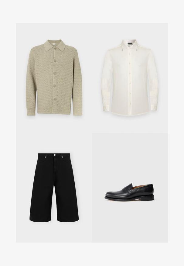 Cardigan tricoté beige clair avec un col à revers, doté d'une fermeture à boutons sur le devant et d'un tissu texturé. Manches longues avec poignets côtelés.; Chemise blanche à manches longues avec boutons, col classique et petit logo sur la poitrine gauche.; Short en jean noir à jambes larges avec poches avant, passants de ceinture et fermeture bouton argenté sur fond clair uni.; Mocassin en cuir noir avec une finition lisse, bout arrondi et un petit rabat à l'avant. Caractérisé par un petit talon noir uni et des accents de design minimaux.