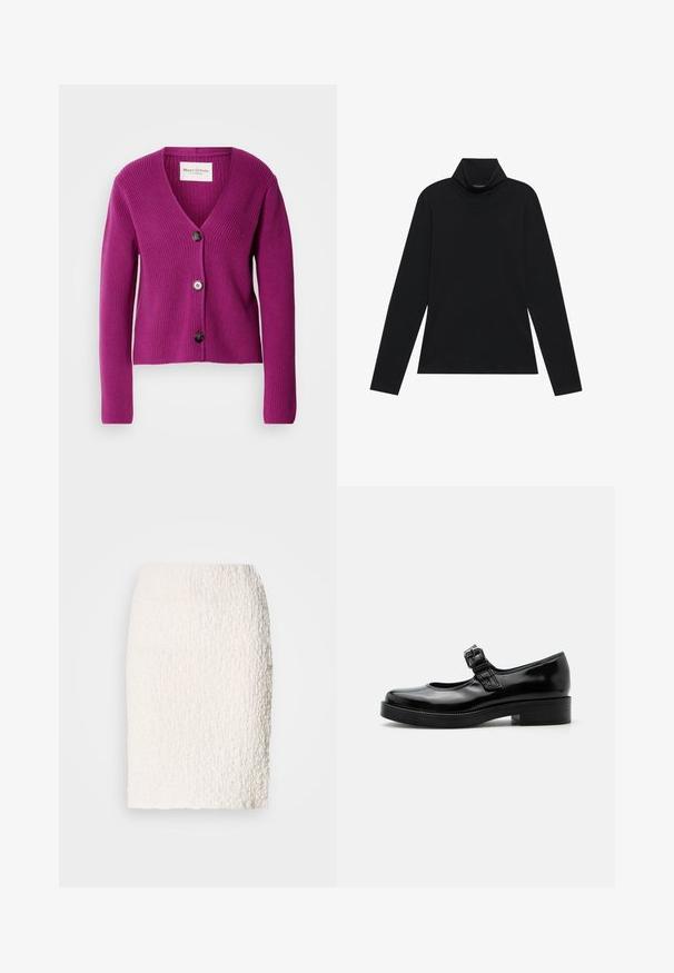 Cardigan violette à côtes avec un col en V, des manches longues et trois boutons noirs à l'avant. Tissu texturé pour plus de chaleur et de détails.; Turtleneck à manches longues noir. Tissu doux, design près du corps, col montant et coutures latérales. Style simple et polyvalent, idéal pour le superposition.; Jupe crayon blanche texturée avec une surface légèrement duveteuse, longueur genoux, présentant un design ajusté et sans fermetures ni embellissements visibles.; Chaussure Mary Jane en cuir verni noir avec bout rond, petit talon bloc et bride réglable avec boucle sur le coup de pied.