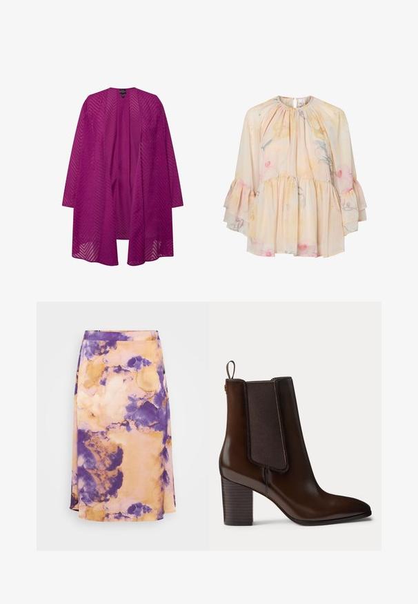 Gennemsigtig lilla kimono med et struktureret zigzag mønster, åben front og lange ærmer. Letvægtsstof hænger løst.; Lyserød blomsterbluse med lange ærmer, flæse-lagdelt kant og udvidede ærmer, med rund halsudskæring og plisserede detaljer.; Lilla og orange tie-dye midi-nederdel i blødt stof med A-form og subtil struktur, der har en glat talje og flydende design.; Mørkebrun læderstøvle med blokhæl og elastisk sidepanel, med en trækflap bagpå for nem påtagning.