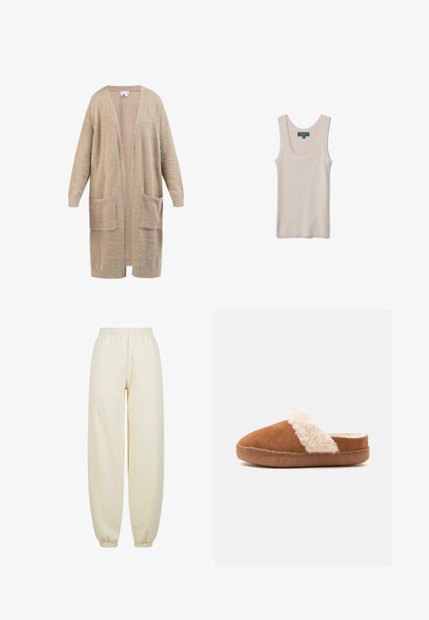 Long cardigan beige à ouverture frontale, manches longues et deux poches avant, réalisé en tissu doux texturé.; Débardeur beige en maille côtelée sans manches avec une encolure dégagée, présenté à plat avec une étiquette de la marque OVS à l'intérieur du col arrière.; Pantalons de jogging couleur crème en tissu doux, avec un design à jambes larges, une taille élastique et des poignets ajustés aux chevilles.; Chausson marron à enfiler avec une semelle épaisse et une bordure blanche duveteuse, conçu pour le confort et la chaleur intérieure.