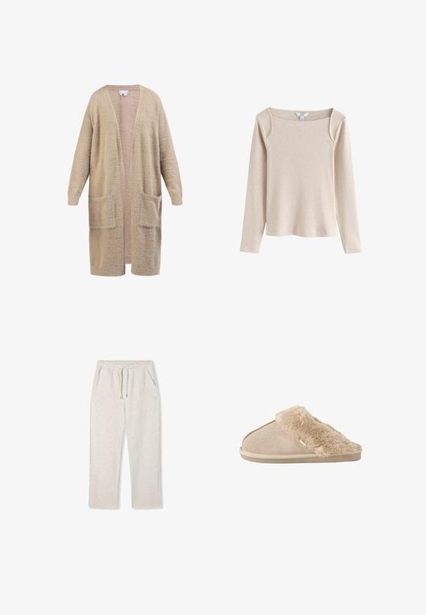 Long cardigan beige à ouverture frontale, manches longues et deux poches avant, réalisé en tissu doux texturé.; Haut beige à manches longues en maille côtelée avec encolure carrée et léger détail aux épaules, présenté sur fond blanc.; Pantalons de jogging gris clair en tissu doux avec une taille élastique, cordon de serrage et poches latérales, arborant un design simple.; Chausson beige à enfiler avec extérieur en daim doux et doublure intérieure moelleuse et duveteuse ainsi qu'un revers, conçu pour le confort à l'intérieur.