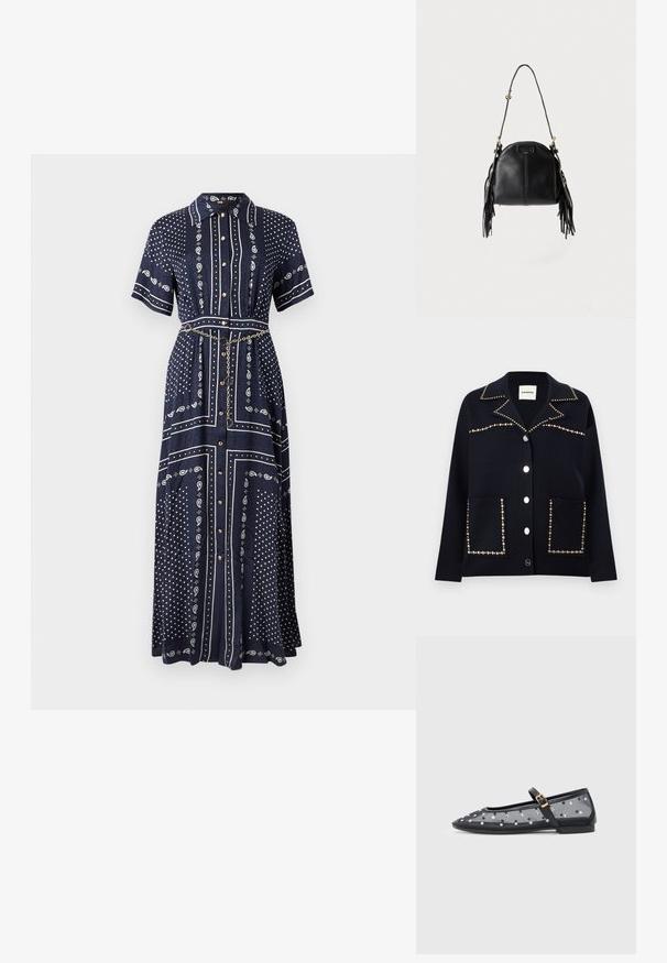 Veste noire boutonnée avec col pointu, décorée de clous argentés le long du col, de la poitrine et des bords des poches.; Robe longue bleu marine à manches courtes, motifs cachemire et points blancs, boutons à l'avant, col, et une fine ceinture chaîne dorée à la taille.; Ballerines transparentes noires avec un bout pointu, une semelle plate et une bride à boucle, ornées de pois métalliques.; Sac à main en cuir noir avec une forme courbée, une longue bandoulière réglable et des franges de chaque côté sur un fond clair.