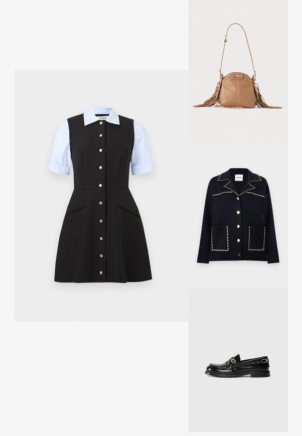 Veste noire boutonnée avec col pointu, décorée de clous argentés le long du col, de la poitrine et des bords des poches.; Robe noire sans manches avec des boutons dorés sur le devant, associée à des manches courtes bleu clair et un col, dotée de deux poches latérales.; Mocassins en cuir noir avec une finition brillante, dotés de deux boucles dorées et d'un talon bas. Texture lisse avec un design à bout arrondi.; Petit sac à bandoulière en cuir fauve avec longue bandoulière, détail chaîne dorée et franges des deux côtés sur un fond neutre.