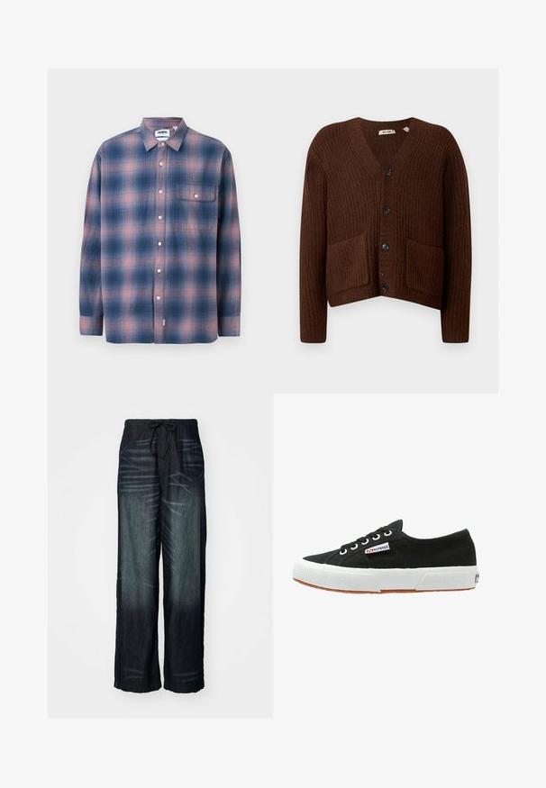 Καφέ ριμπ κα cardigan με V-λαιμόκοψη, μπροστινές τσέπες και μαύρα κουμπιά; κατασκευασμένο από μαλακό, υφασματώδη υλικό με cropped σχέδιο.; Μακρυμάνικη καρό πουκάμισο σε μπλε και ροζ από μαλακό ύφασμα. Διαθέτει κολάρο με κουμπιά, μπροστινή τσέπη και λευκά κουμπιά.; Φαρδιά παντελόνια σε σκούρο τζιν με σταδιακή φθορά. Διαθέτουν ελαστική μέση με κορδόνι. Λείο υφασμά με διακριτικά σημάδια φθοράς.; Μαύρο καμβά παπουτσιών αθλητικών με λευκή καουτσούκ σόλα και καφέ σόλα από γόμα. Διαθέτει στρογγυλή μύτη, σχέδιο με κορδόνια και μικρή ετικέτα λογότυπου στο πλάι.