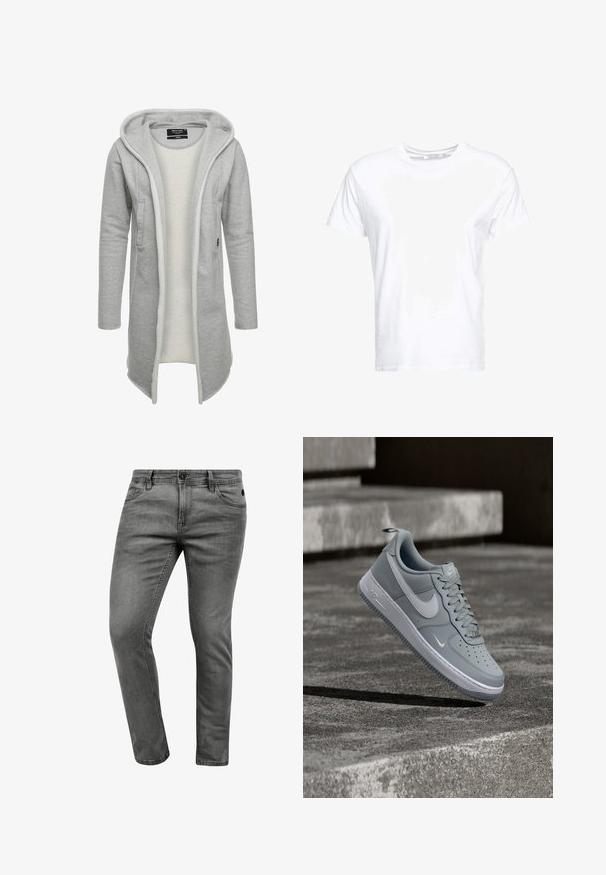 Lichtgrijze lange cardigan van zachte stof, met een capuchon, open voorkant en twee voorzakken. Subtiele voeringdetail aan de binnenkant.; Witte katoenen t-shirt met een ronde hals en korte mouwen, in een klassiek model met een gladde textuur. Geen patronen of hardware zichtbaar.; Grijze denim jeans met een slim fit, voorzien van vijf zakken, een knoopsluiting en subtiele stikseldetails. Zachte textuur en een strakke uitstraling.; Grijze Nike Air Force 1 sneaker met wit swoosh-logo, zwevend boven een getextureerd betonnen oppervlak met trappen op de achtergrond.